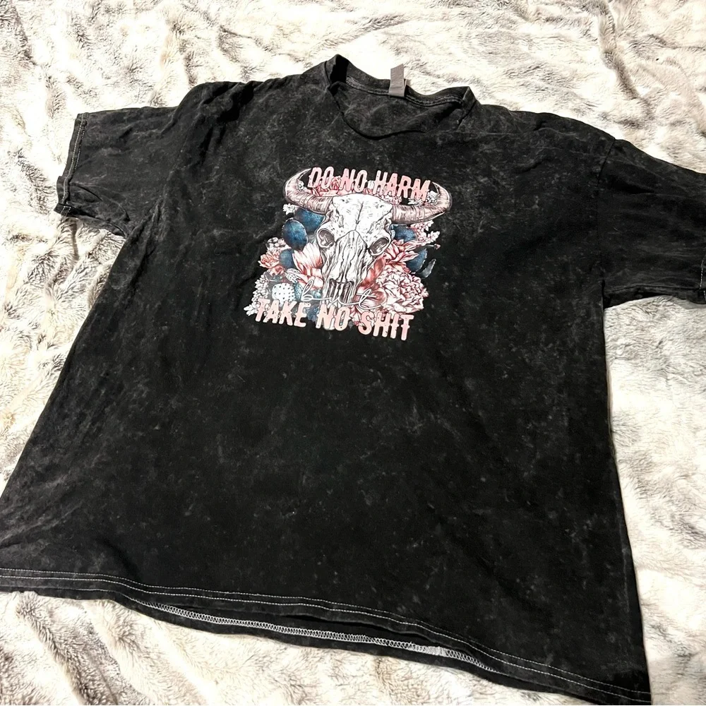 Black Cotton Tee with Skull & Floral Do No Harm Take No Sh!T T Shirt XL - Picture 2 of 7